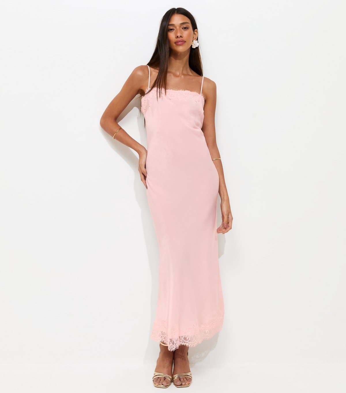 New Look Women's Pink Satin Lace Trimmed Midi Dress New Look