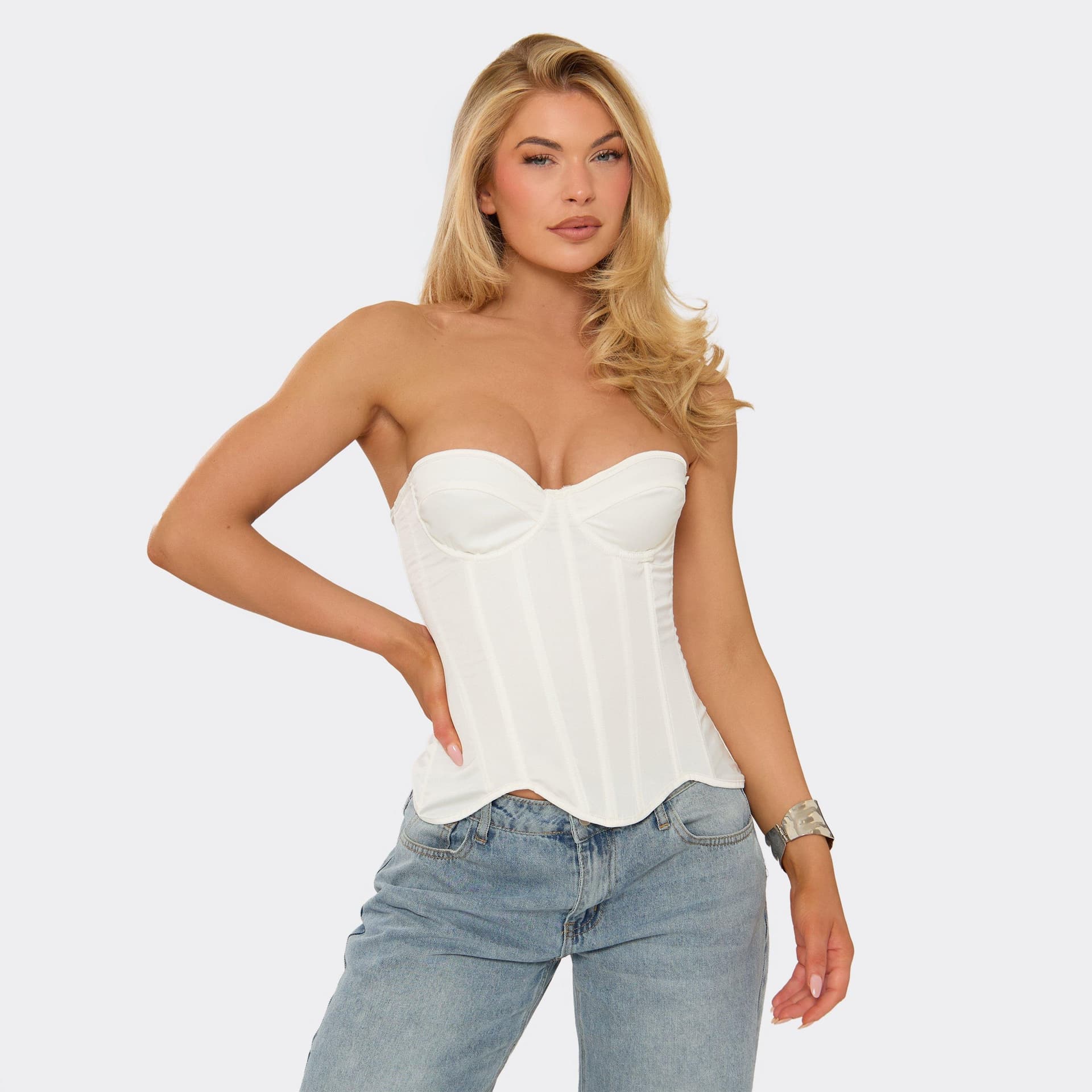 EGO Sweetheart Neck Longline Corset Top In White Satin, Women's Size UK 6