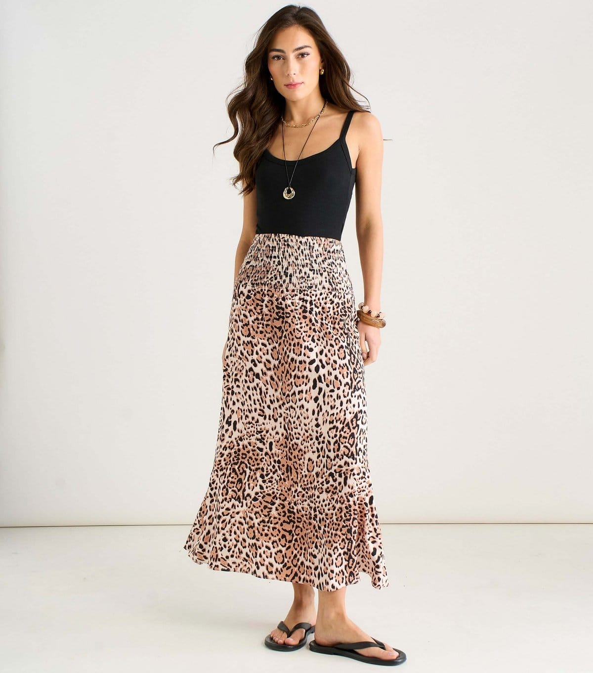 Gini London Brown Leopard Print Shirred Waist Midi Skirt