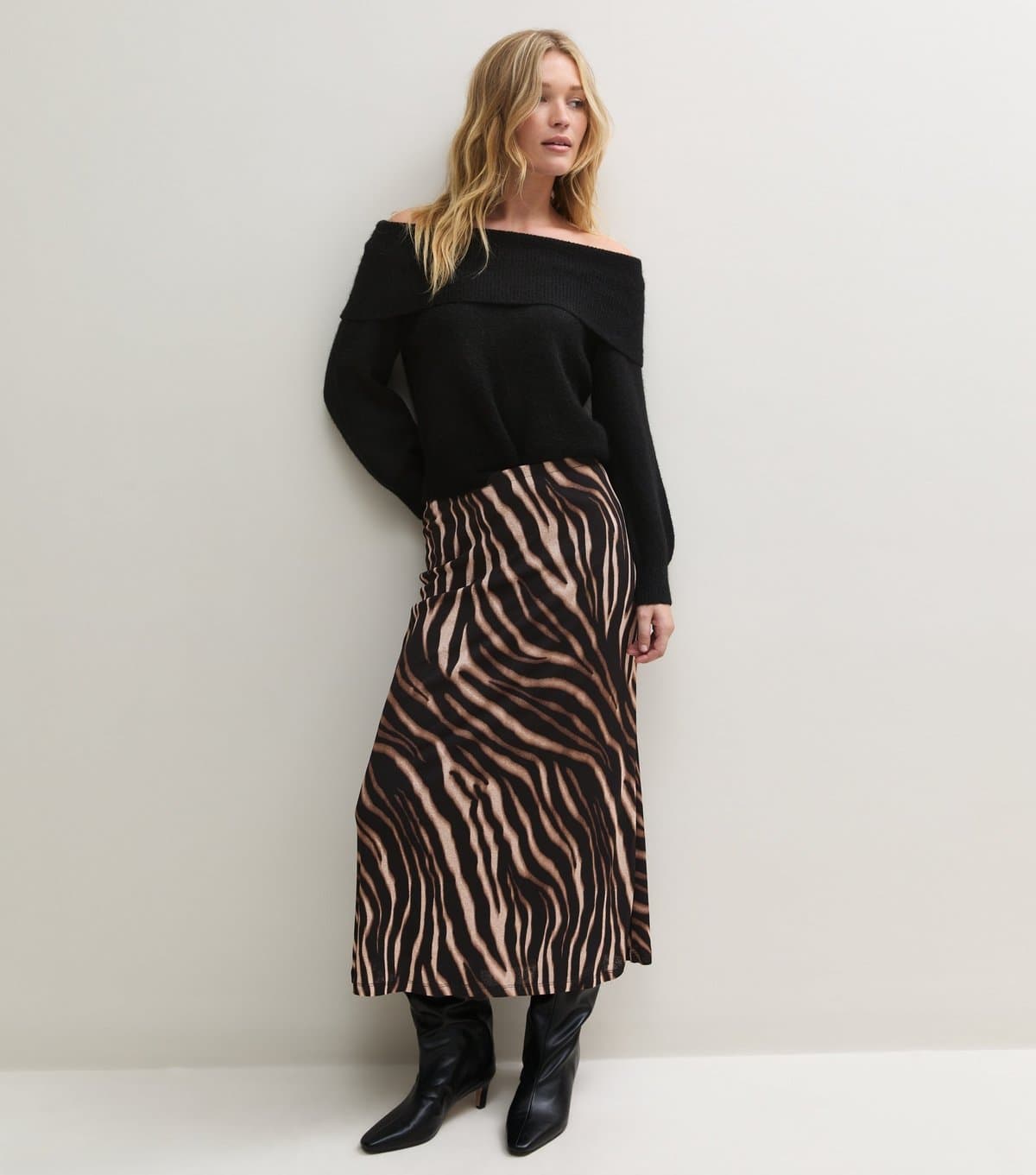 New Look Women's Brown Zebra Print Satin Midi Skirt New Look