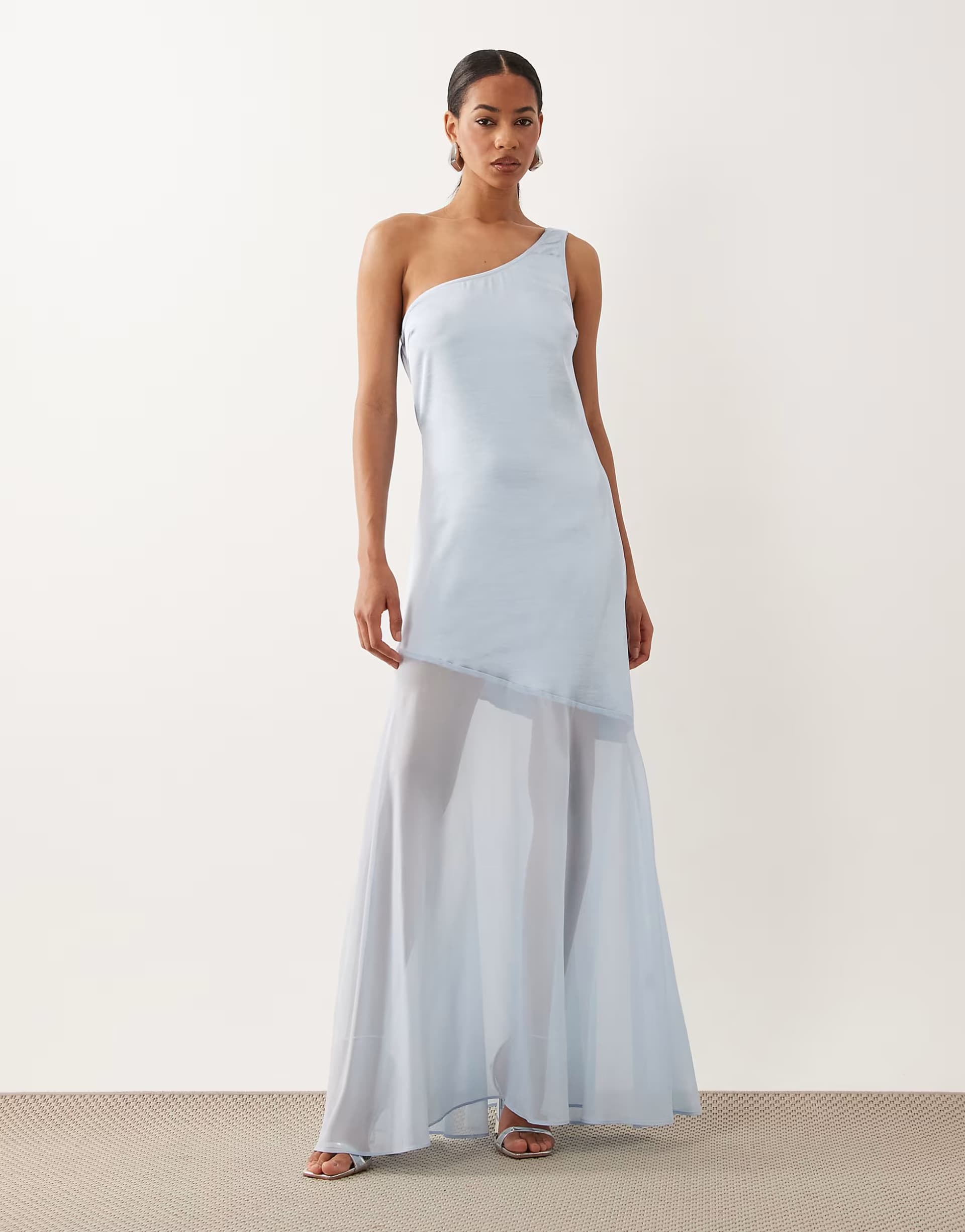 ASOS TFNC satin one shoulder cowl back chiffon maxi skirt in light blue