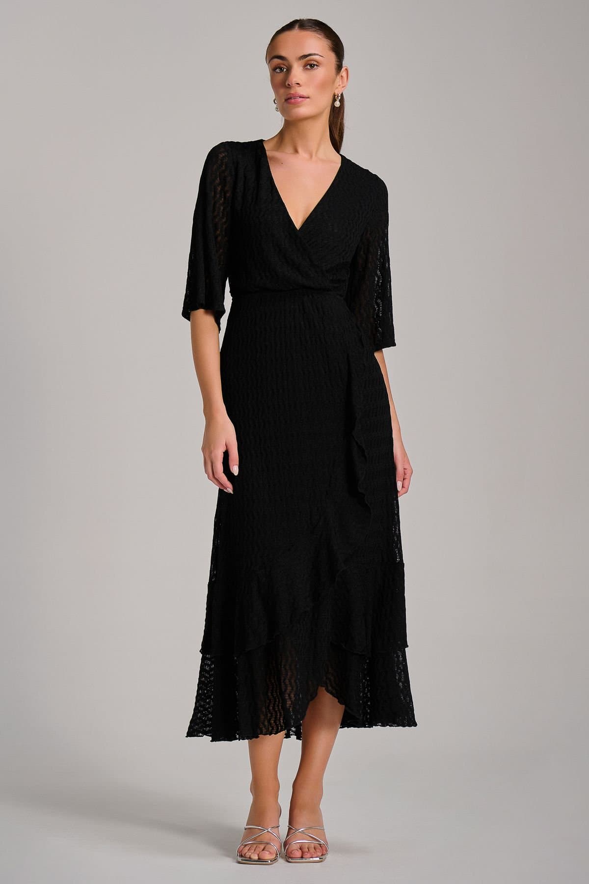 Jolie Moi Jolie Moi Women's Textured Ruffle Hem Knitted Maxi Dress in Black