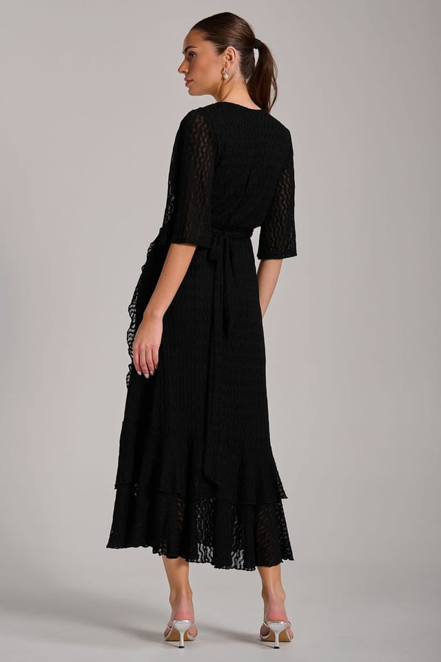 Jolie Moi Jolie Moi Women's Textured Ruffle Hem Knitted Maxi Dress in Black - 2
