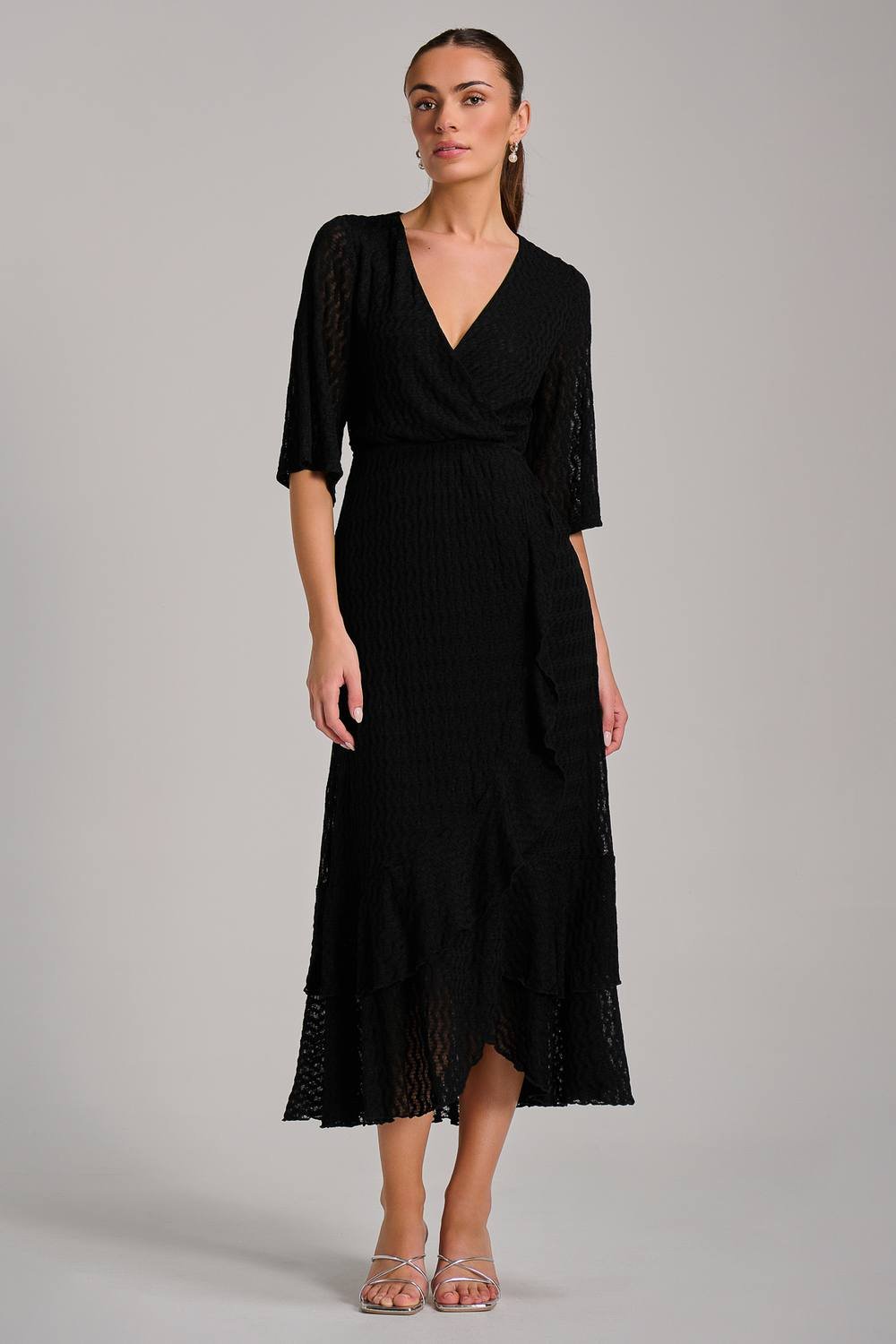 Jolie Moi Jolie Moi Women's Textured Ruffle Hem Knitted Maxi Dress in Black - 3