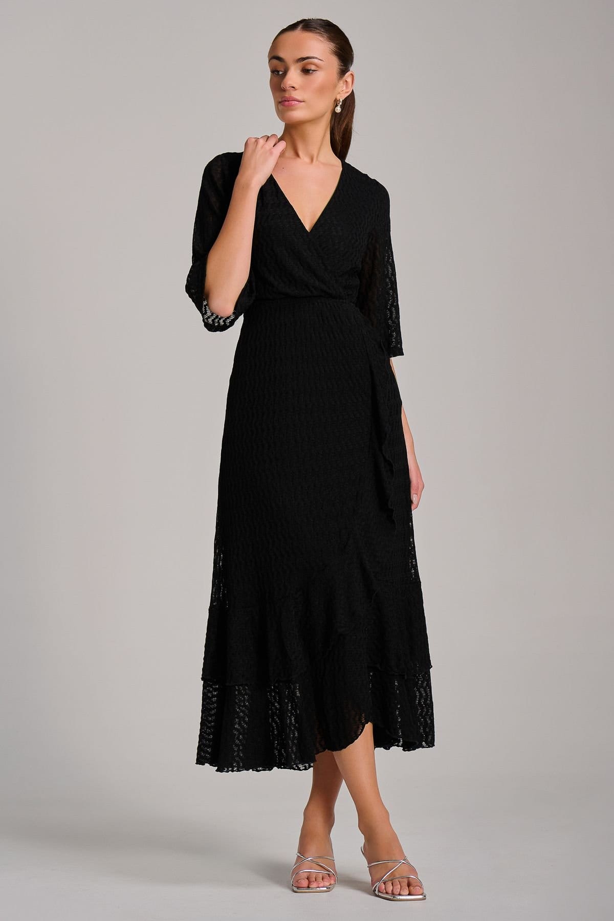 Jolie Moi Jolie Moi Women's Textured Ruffle Hem Knitted Maxi Dress in Black - 4