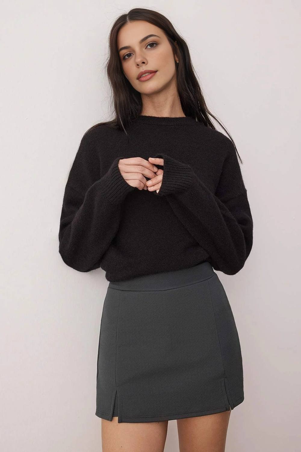 WOVCOR WOVCOR Women's A-Line Knit Mini Skort with Side Slit in Dark Grey - 3