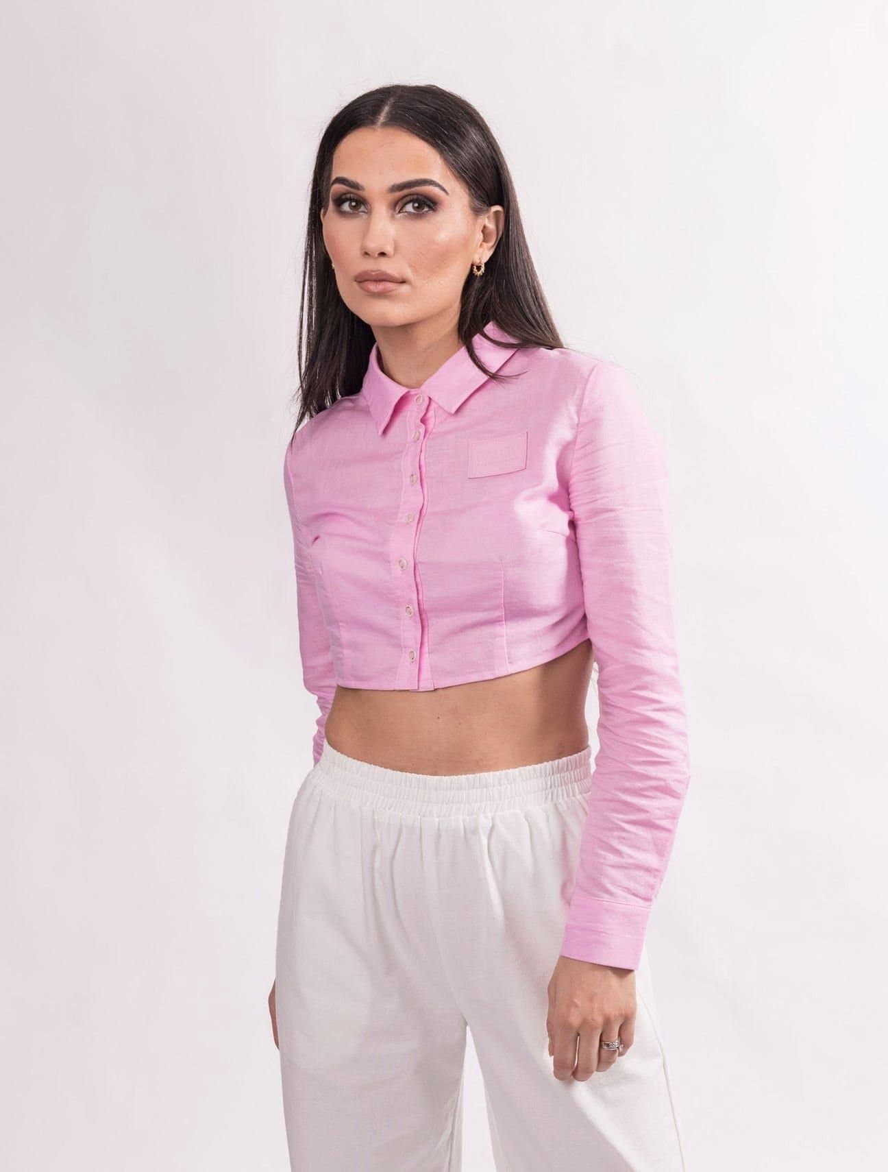 BALOU BALOU Pink Linen Cropped Long Sleeve Shirt
