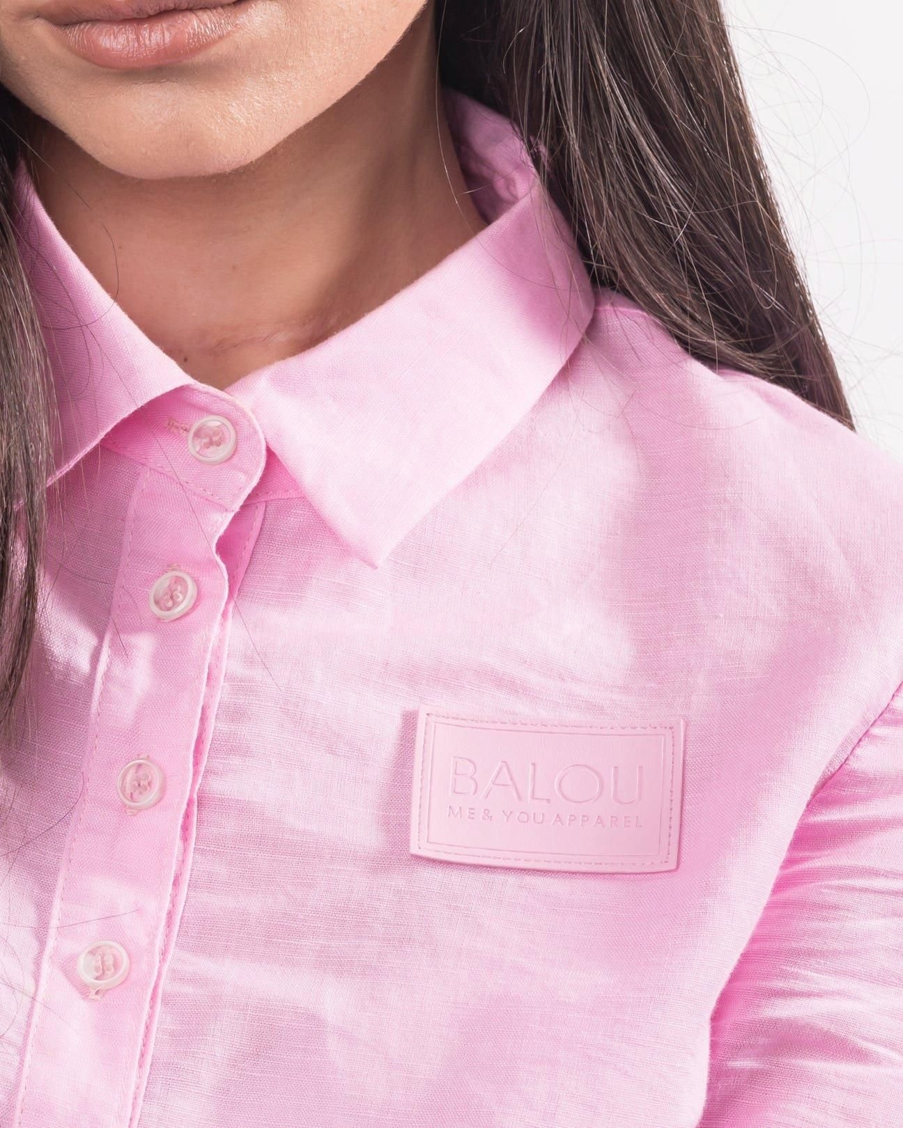 BALOU BALOU Women's Long Sleeve Cropped Linen Shirt in Pink - 2