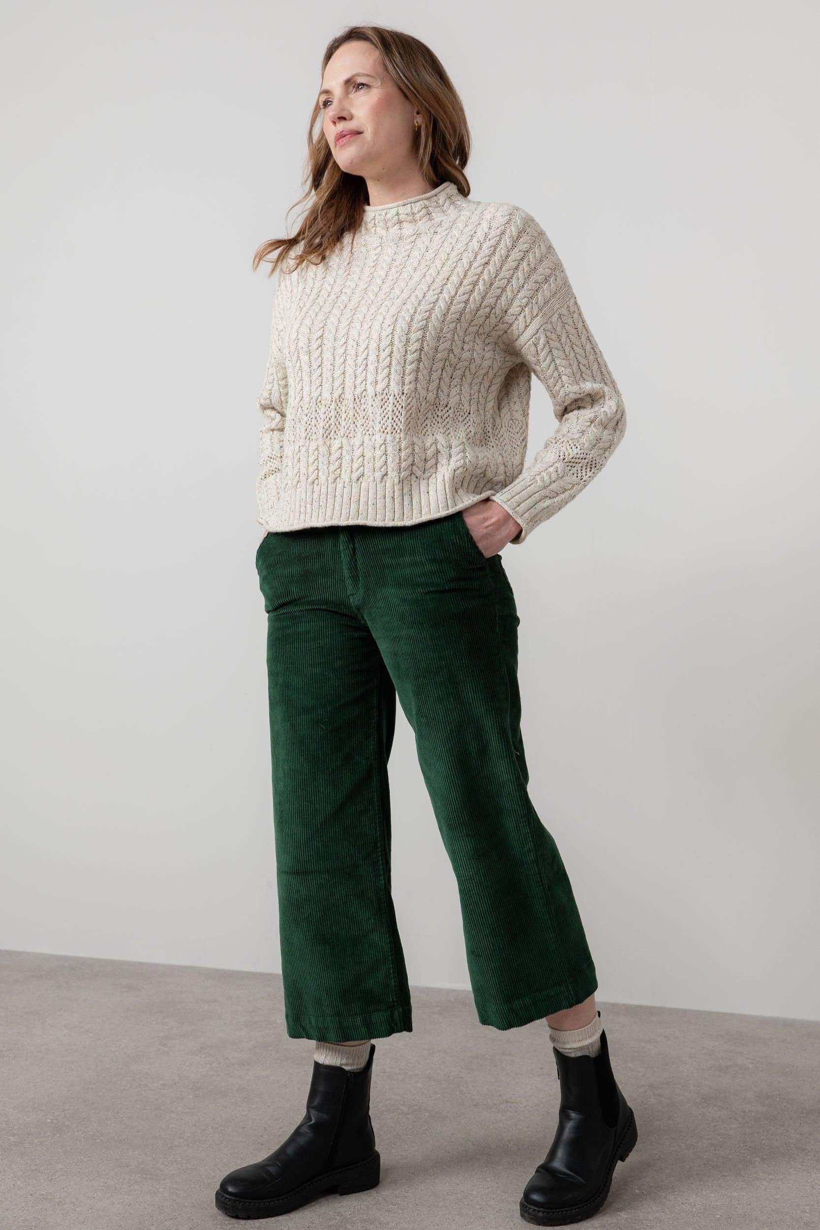 Lily & Me Lily & Me Women's Isla Stretch Jumbo Cord Cropped Trousers in Dark Green