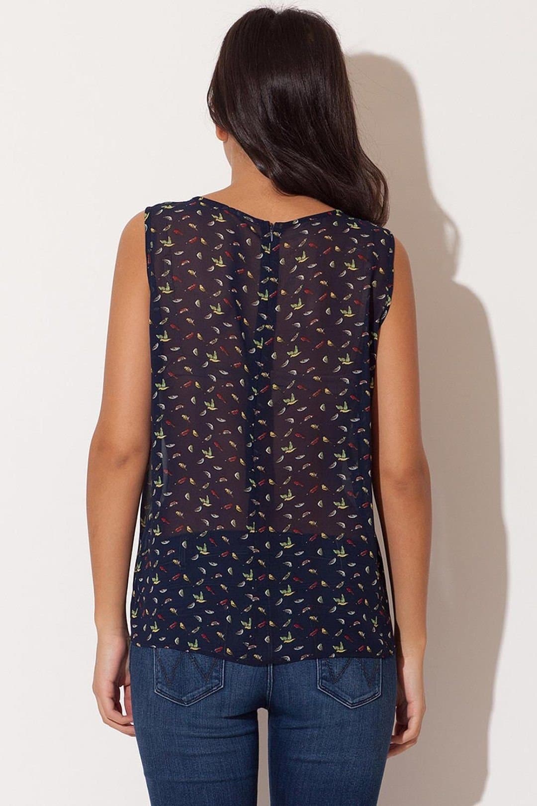 Love Lace Love Lace Women's Bird Print Chiffon Sleeveless Blouse With Zip in Navy