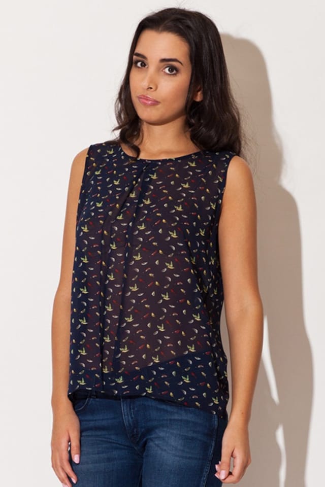 Love Lace Love Lace Women's Bird Print Chiffon Sleeveless Blouse With Zip in Navy - 2
