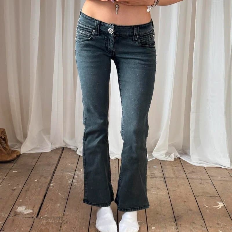 River Island Y2K low rise bootcut flare jeans dark wash denim glitter embellished