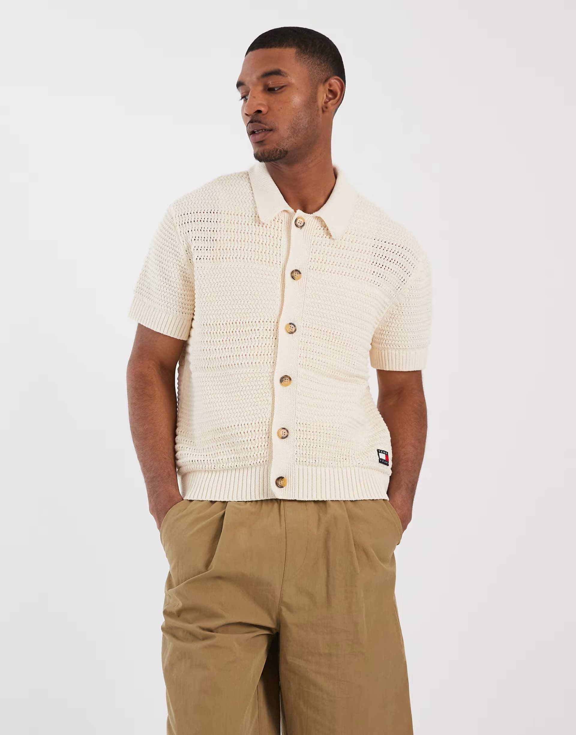 ASOS Tommy Jeans crochet short sleeve cardigan in beige