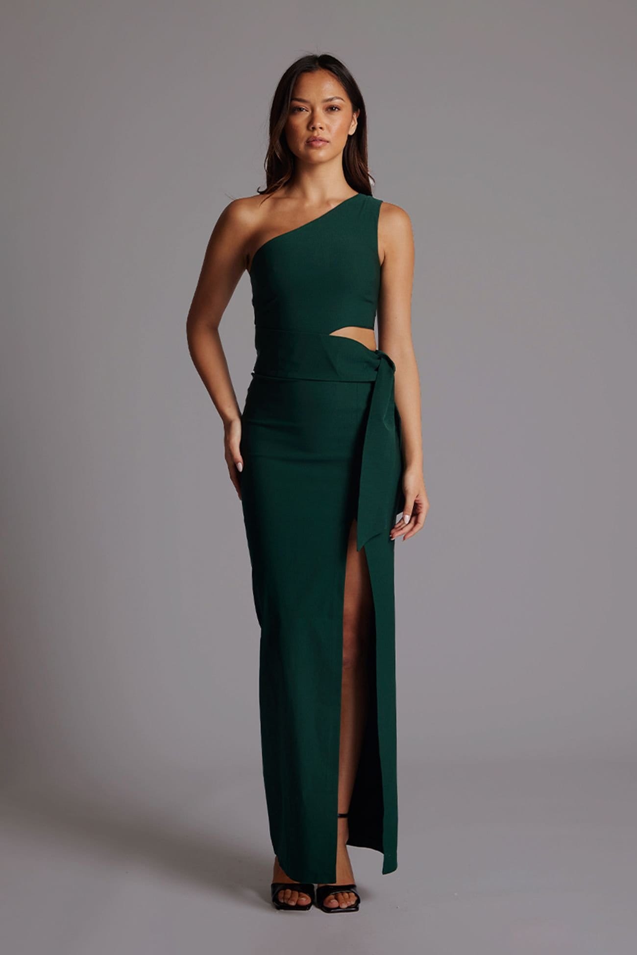 Vesper Dark Green One Shoulder Maxi Dress With Thigh Split