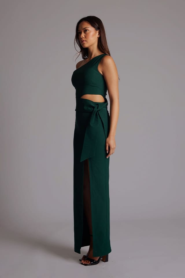 Vesper Vesper Women's One Shoulder Maxi Dress with Thigh Split in Dark Green - 2