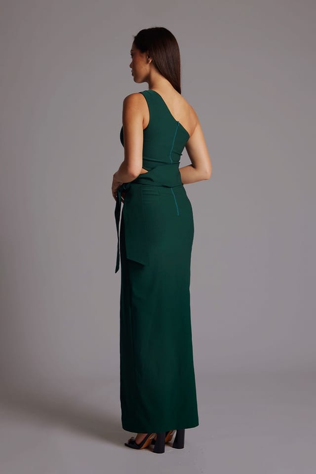 Vesper Vesper Women's One Shoulder Maxi Dress with Thigh Split in Dark Green - 3