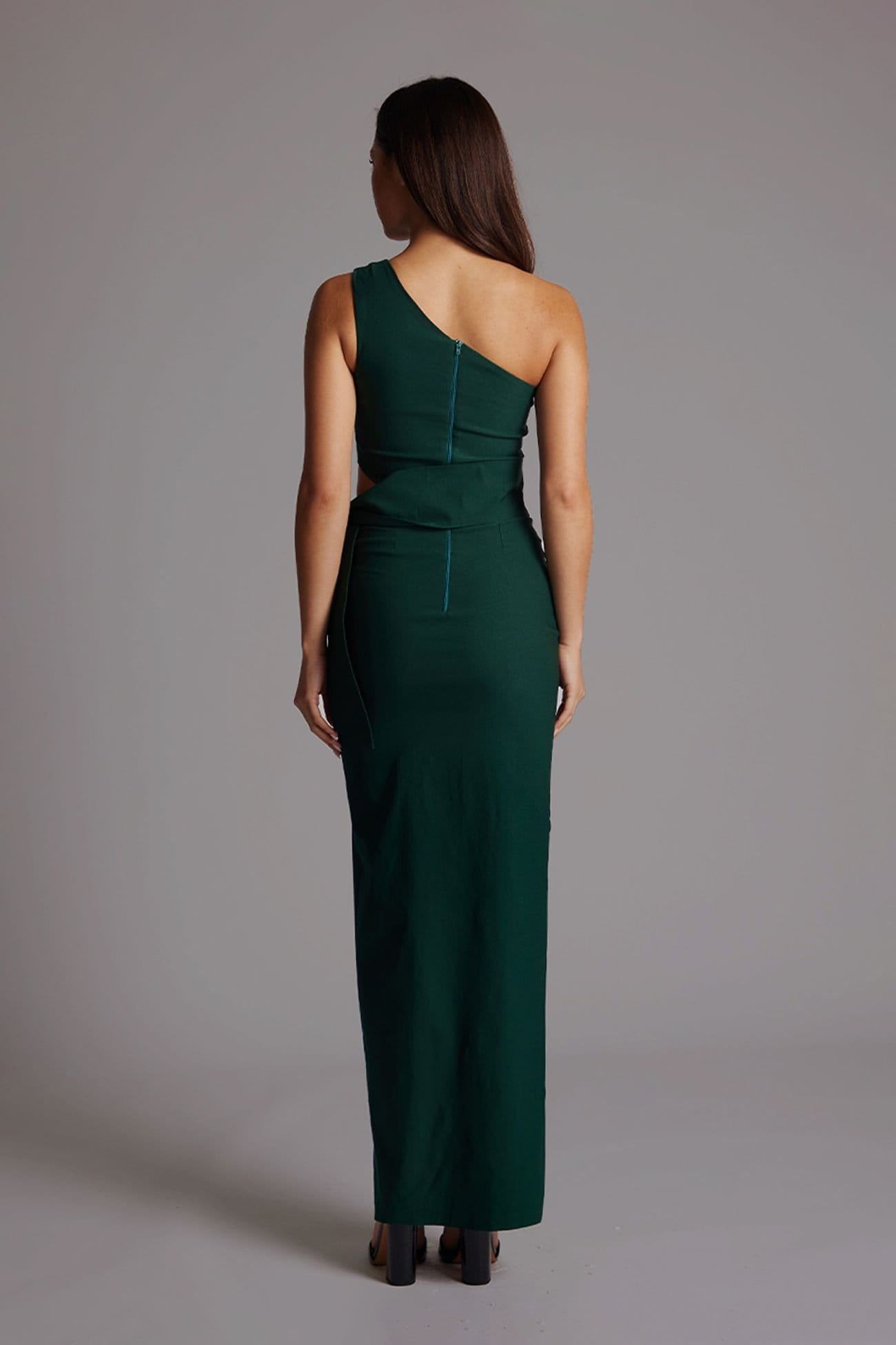 Vesper Vesper Women's One Shoulder Maxi Dress with Thigh Split in Dark Green - 4