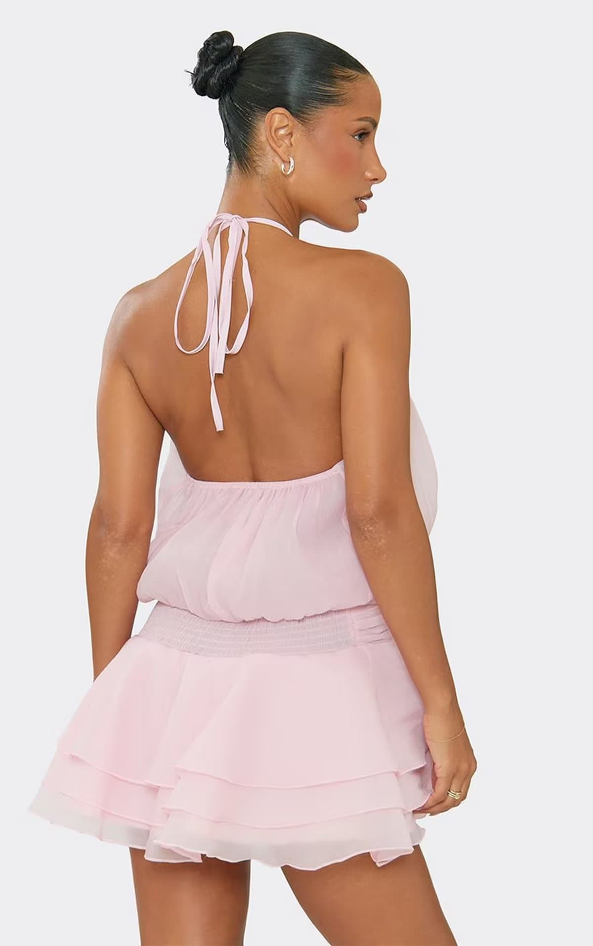 EGO Halterneck Flower Detail Drape Ruffle Mini Dress In Pink Chiffon, Women's Size UK One Size