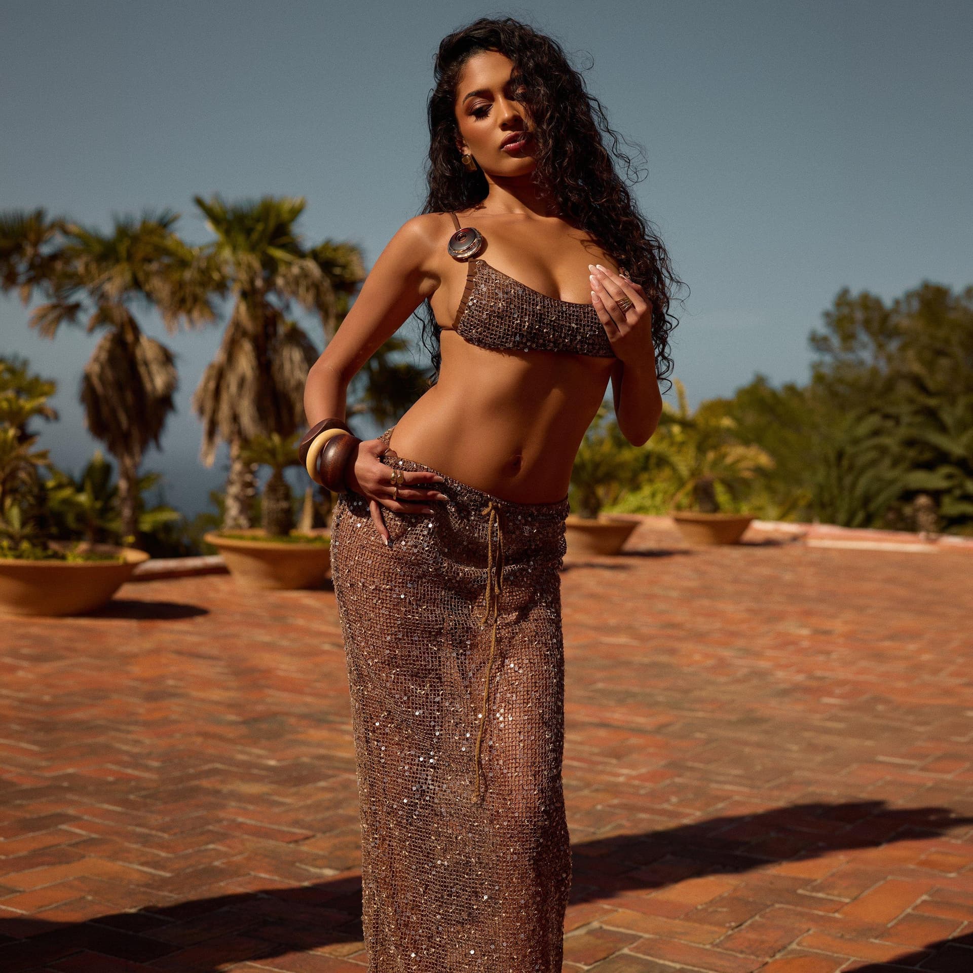 EGO EGO Brown Sequin Crochet Cowl Neck Bikini Set