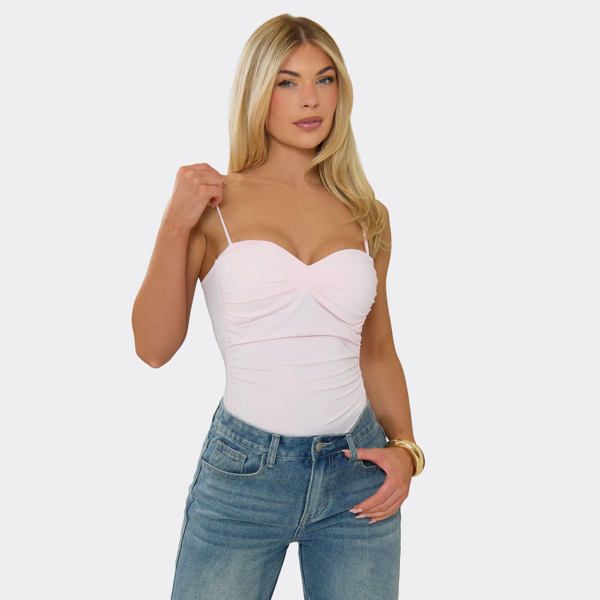 EGO Sweetheart Neckline Ruched Bodysuit In Baby Pink, Women's Size UK M/L