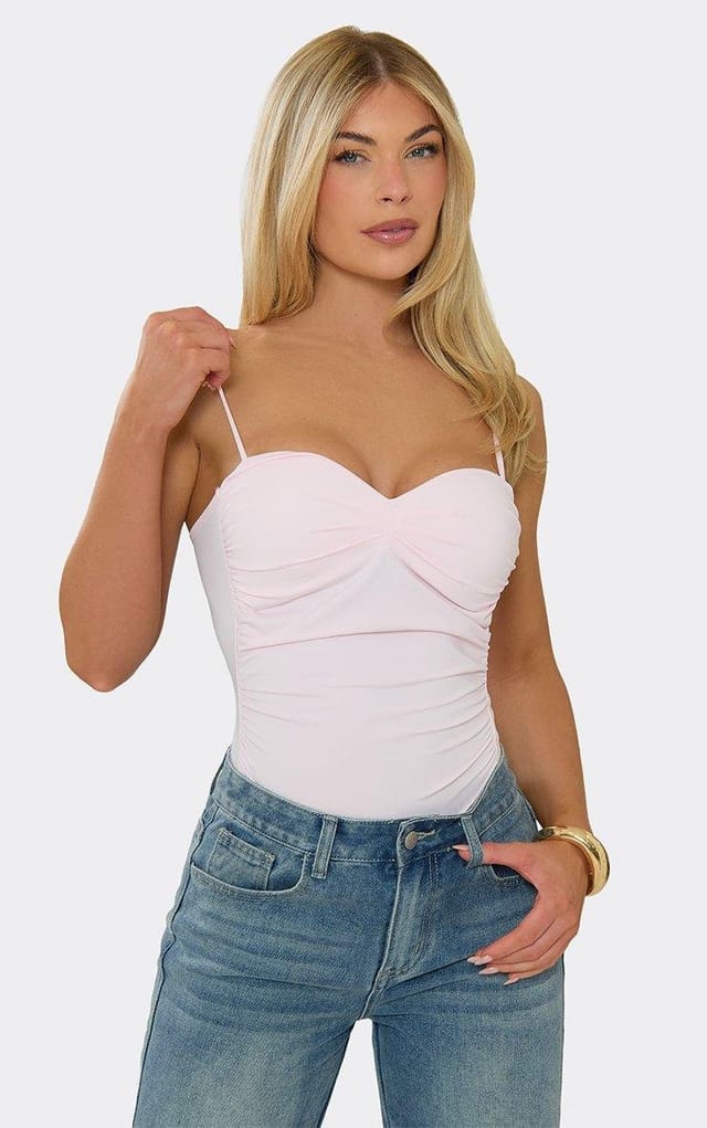 EGO Sweetheart Neckline Ruched Bodysuit In Baby Pink, Women's Size UK M/L - 2