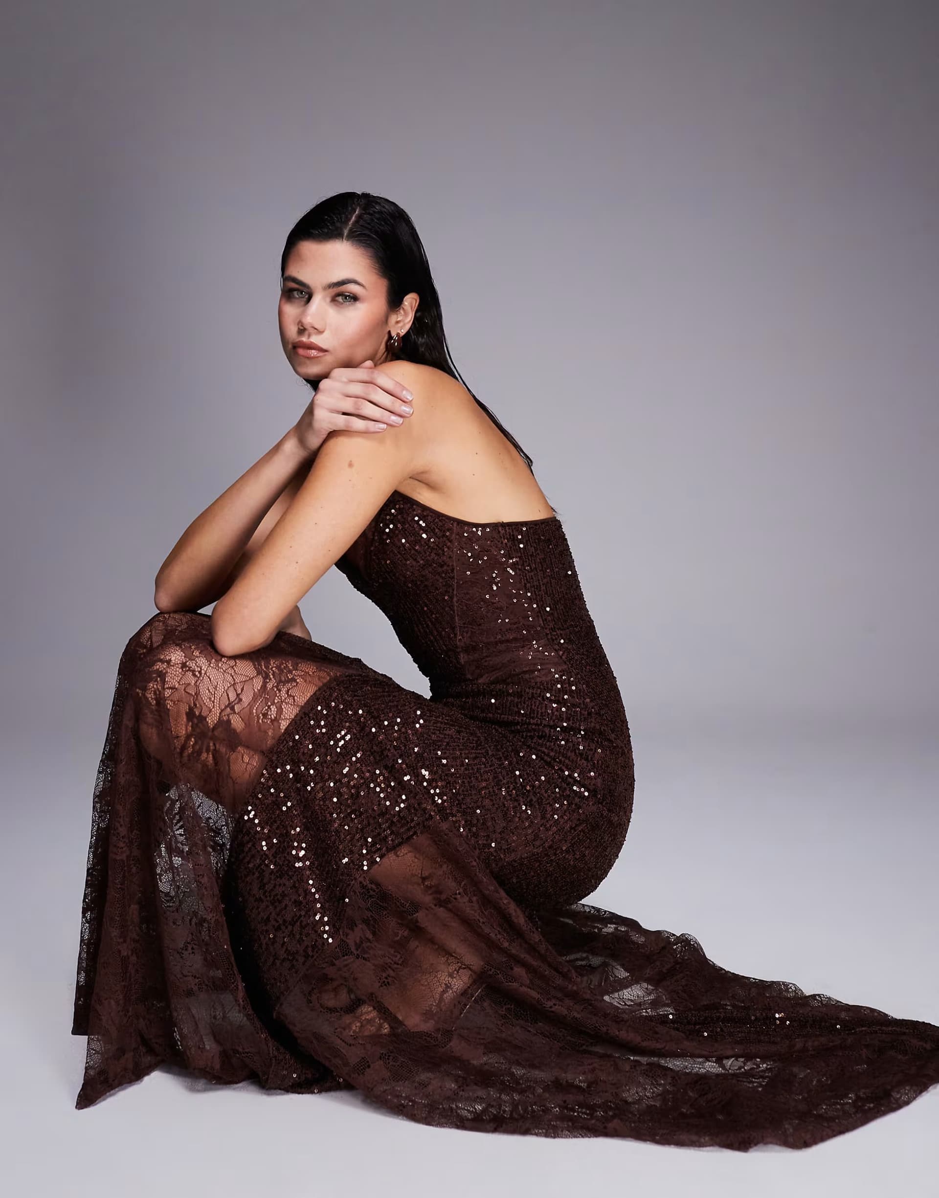 ASOS ASOS DESIGN all over sequin maxi dress with lace godets in chocolate