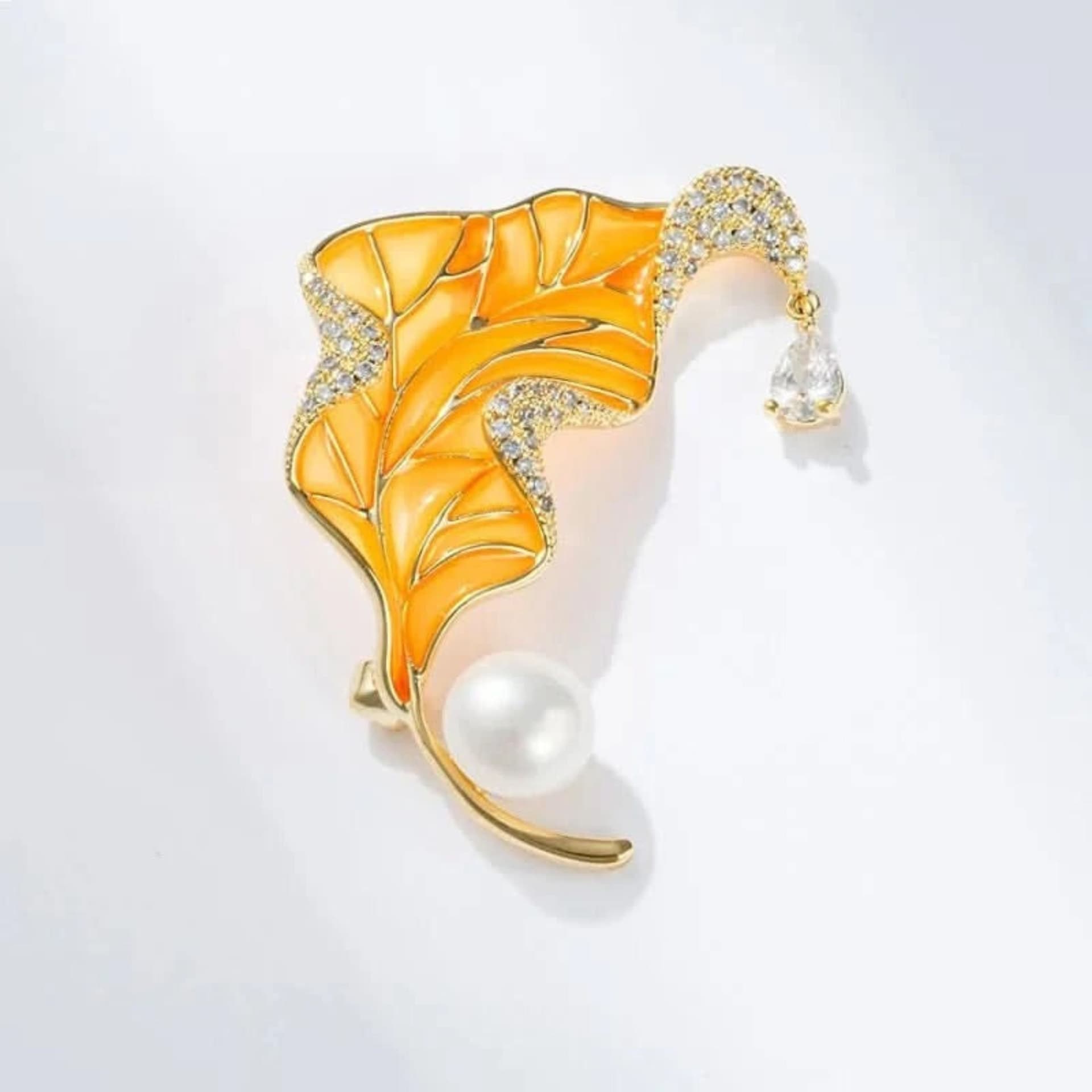 Angel Barocco Angel Barocco Enamel Leaf Brooch In Yellow With Freshwater Pearl