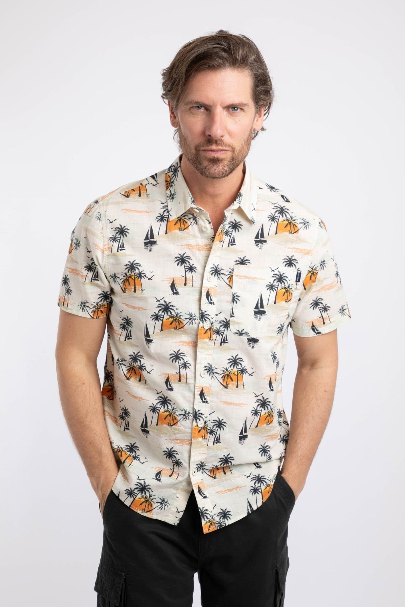 Weird Fish Weird Fish Men's Faraway Short Sleeve Printed Shirt in Ecru