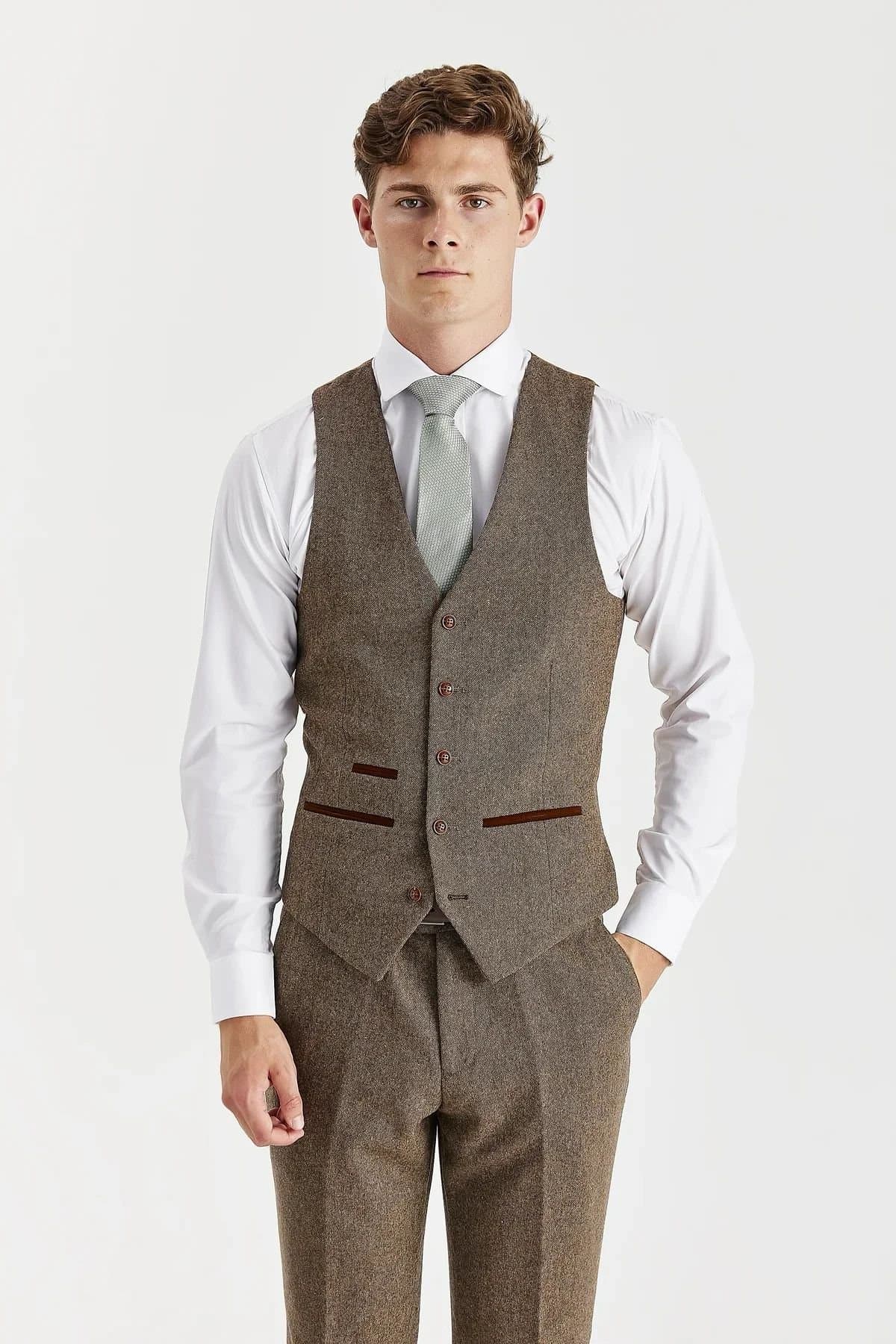 Paul Andrew Paul Andrew Brown Wool Blend Tweed Vest