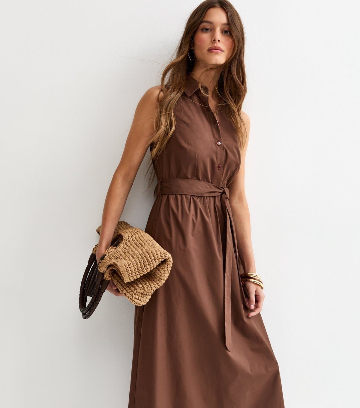 New Look Women's Dark Brown Sleeveless Button Up Midi Shirt Dress New Look