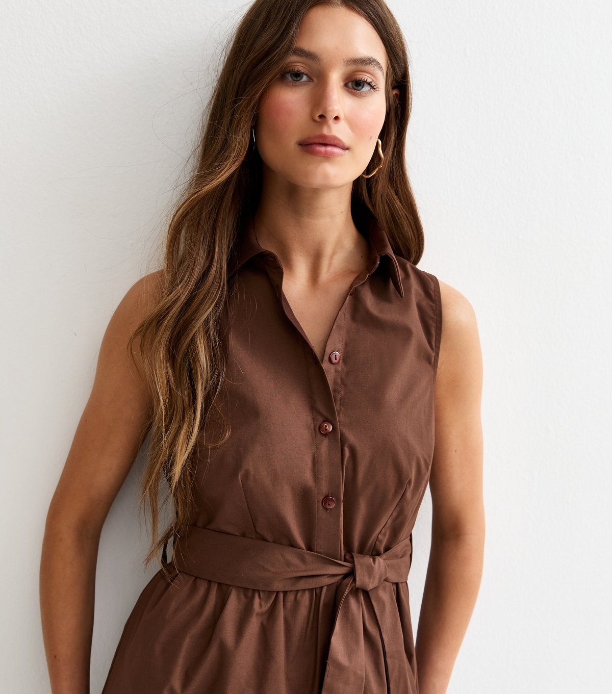 New Look Women's Dark Brown Sleeveless Button Up Midi Shirt Dress New Look - 2
