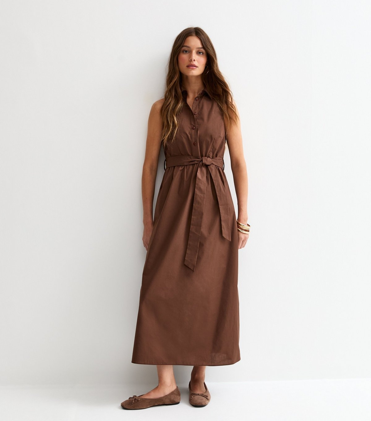 New Look Women's Dark Brown Sleeveless Button Up Midi Shirt Dress New Look - 3