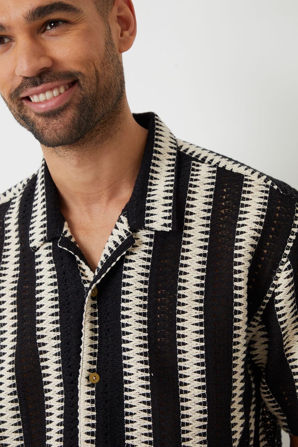 Threadbare Threadbare Men's Crochet Relaxed Fit Short Sleeve Shirt in Natural - 4