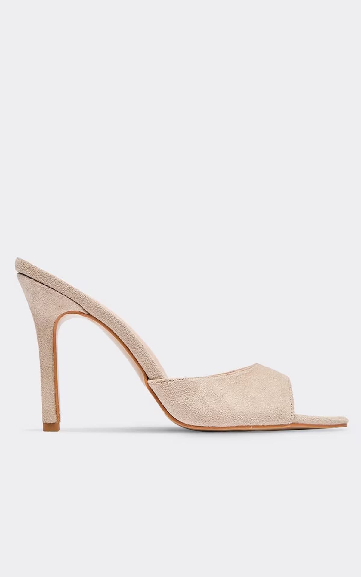 EGO Maple Peep Toe Stiletto Heel Mule In Beige Faux Suede, Women's Size UK 3