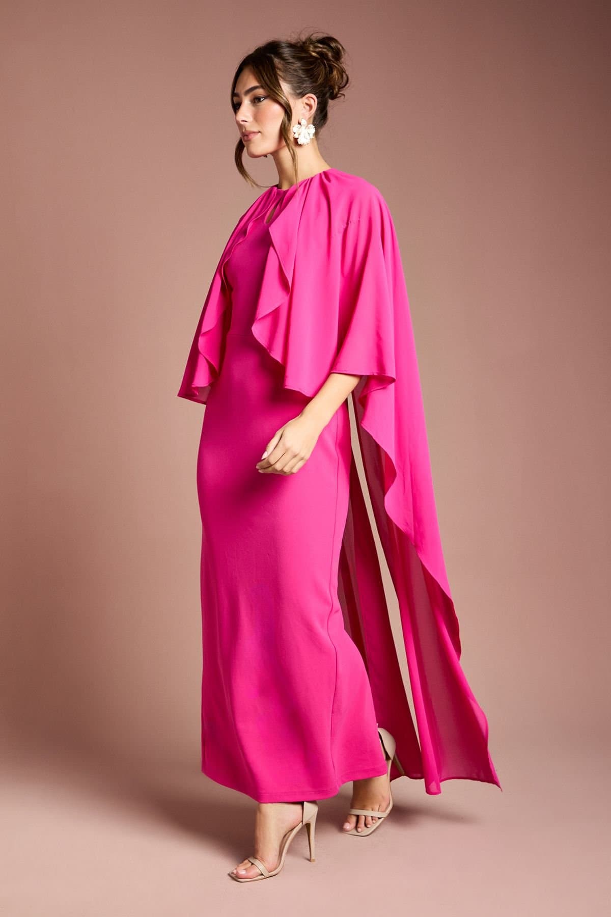 Coast Coast Women's Ruffle Chiffon Cape Crepe Maxi Dress in Fuchsia