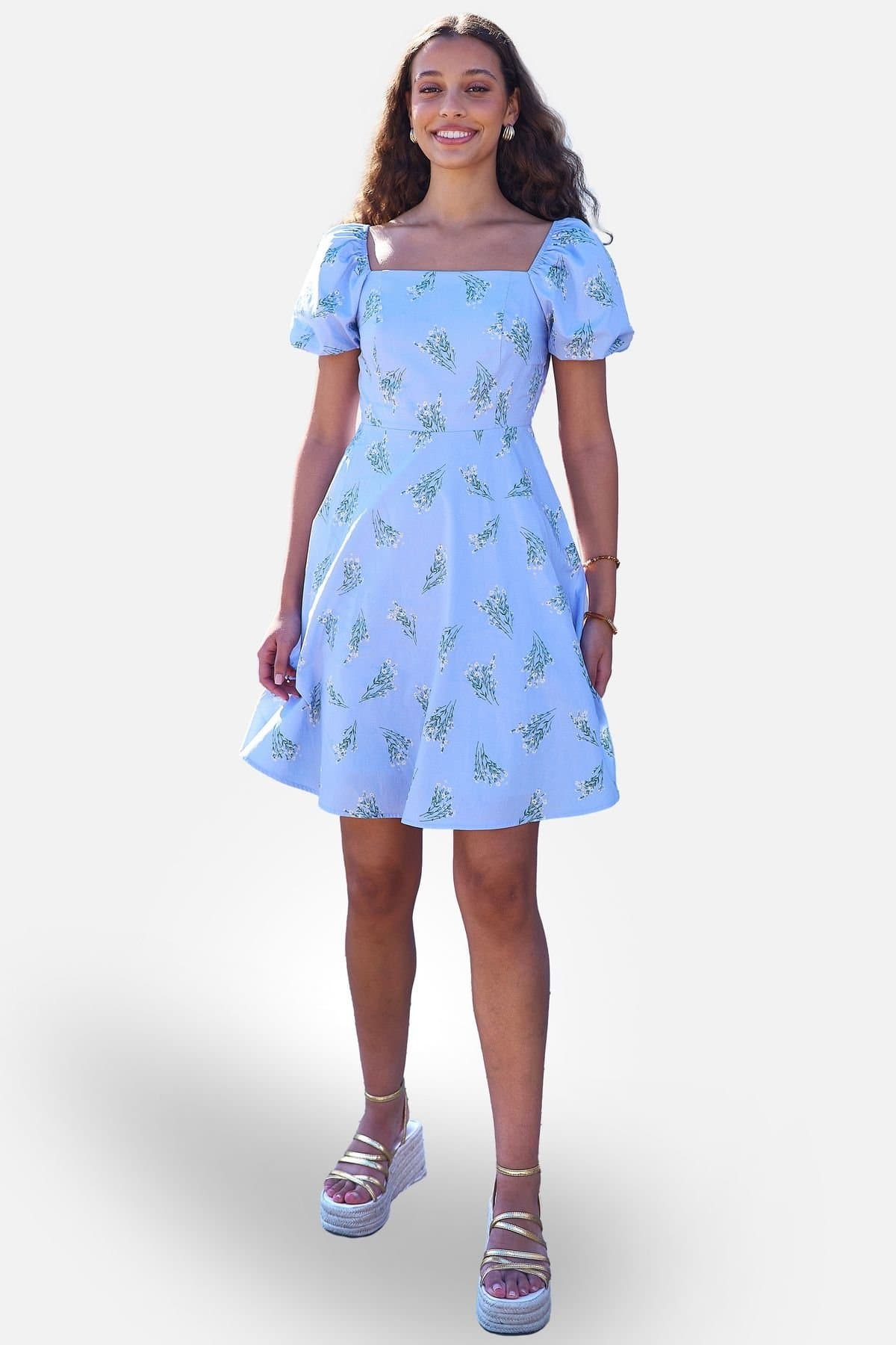 Yumi Yumi Women's Blue Cotton Floral Puff Sleeve Skater Dress in Baby Blue