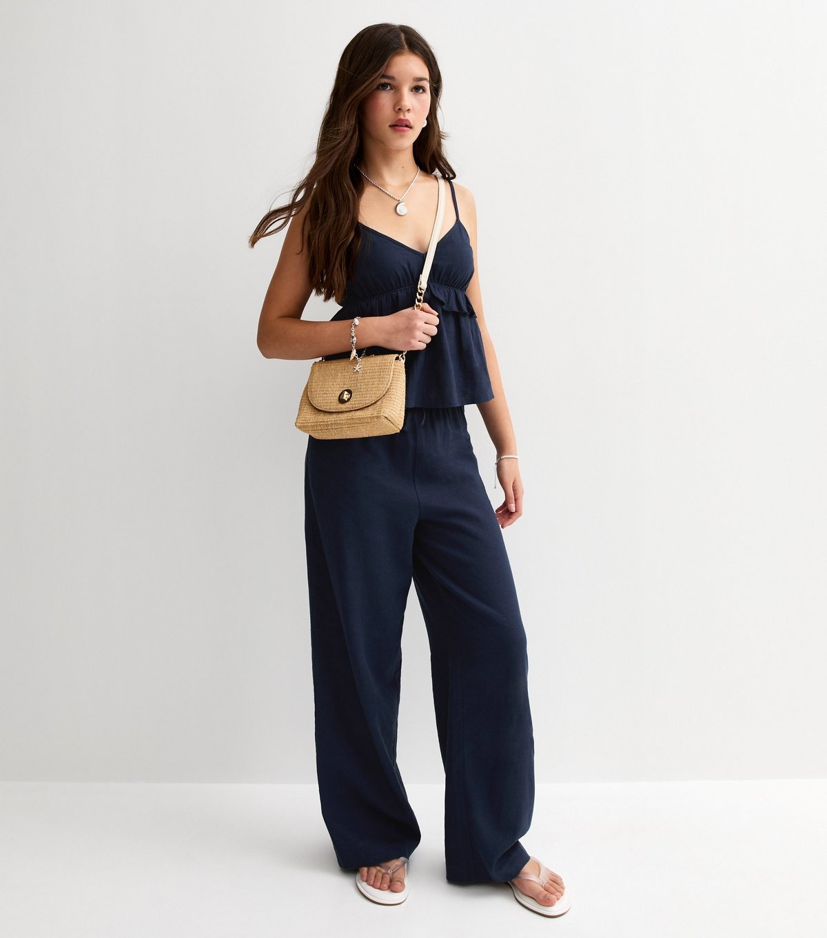 New Look Girls' Navy Linen Blend Ruffled Babydoll Cami Top New Look - 3