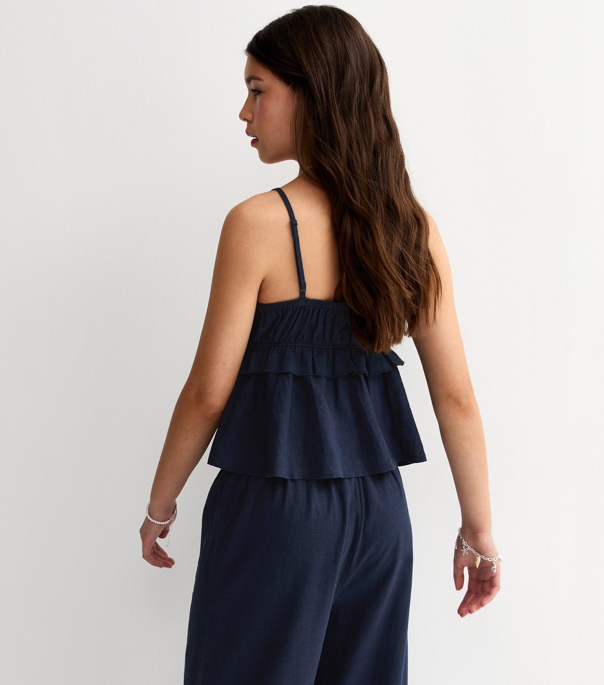 New Look Girls' Navy Linen Blend Ruffled Babydoll Cami Top New Look - 4