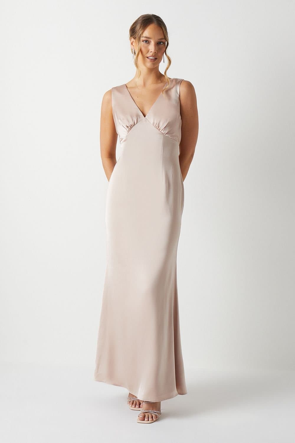 Coast Coast Women's Bow Back V Neck Satin Bridesmaid Dress in Mocha