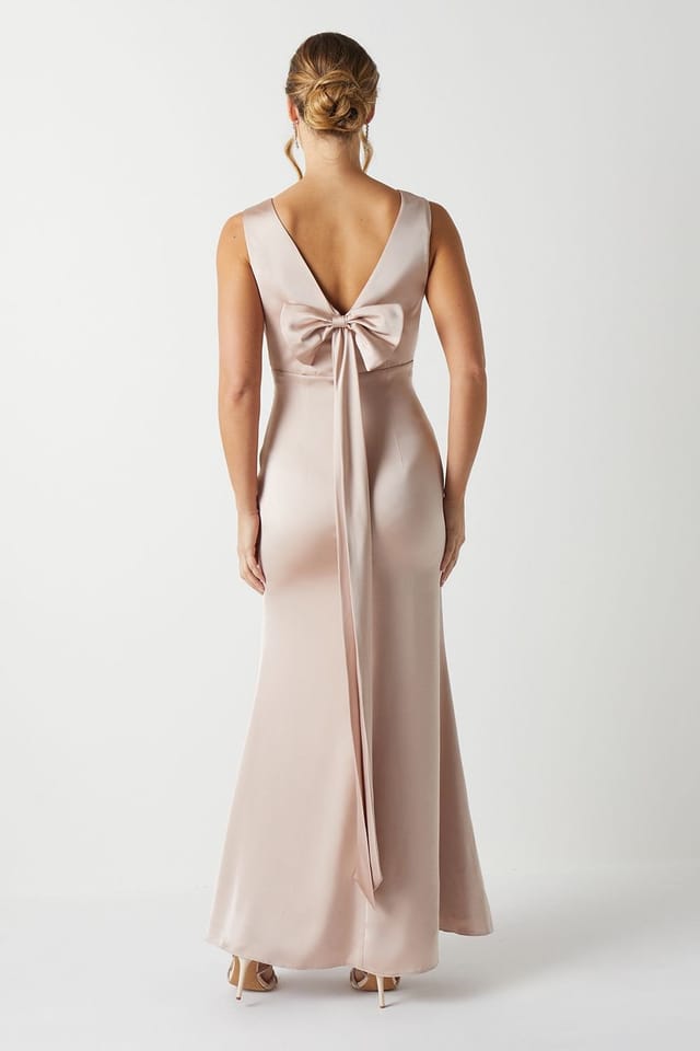 Coast Coast Women's Bow Back V Neck Satin Bridesmaid Dress in Mocha - 3