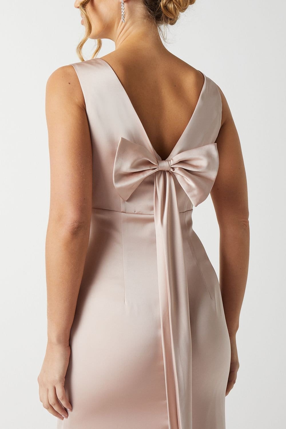 Coast Coast Women's Bow Back V Neck Satin Bridesmaid Dress in Mocha - 4
