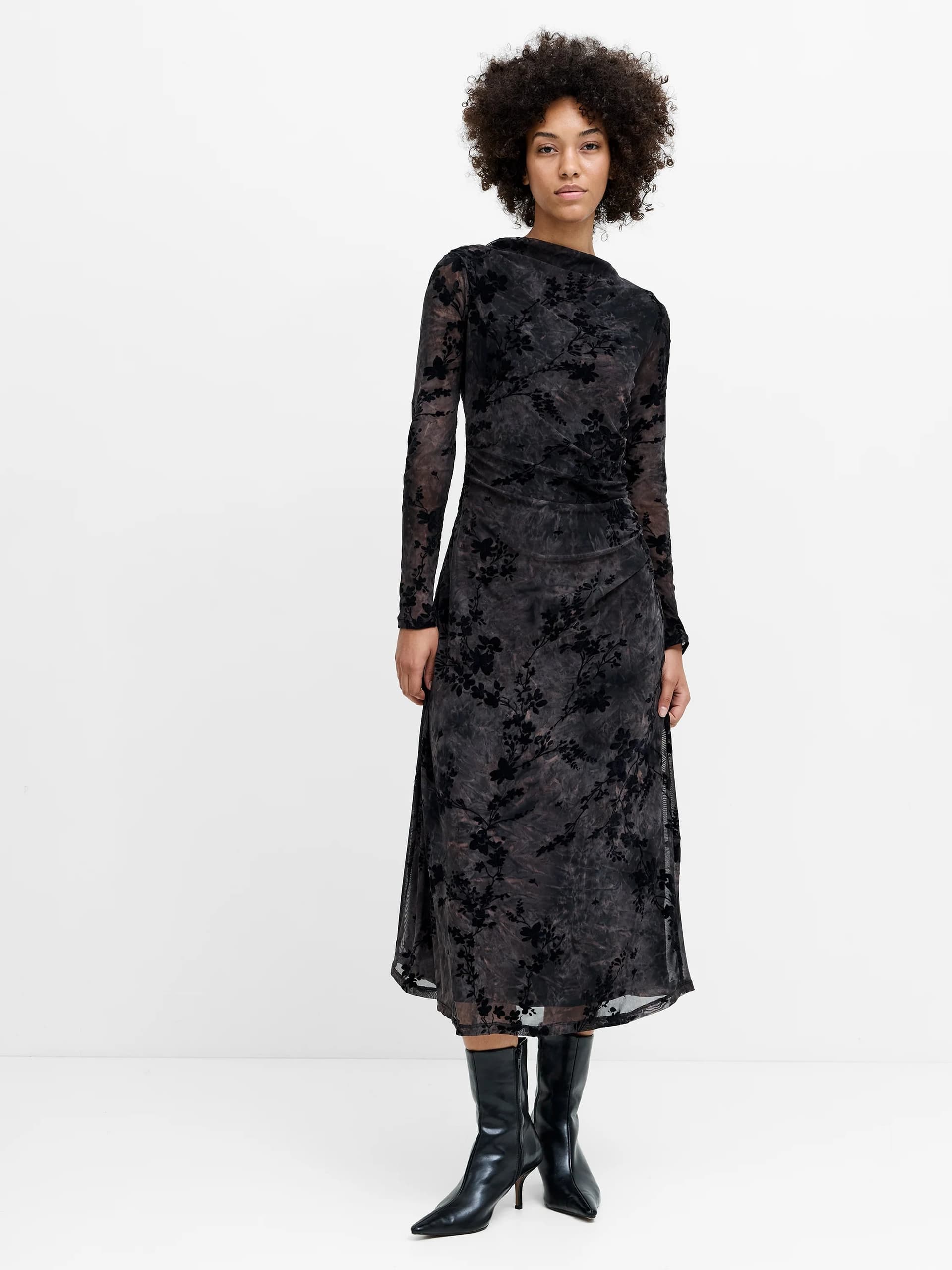 French Connection Kenny Floral Velvet Devore Mesh Midi Dress Black/Brown