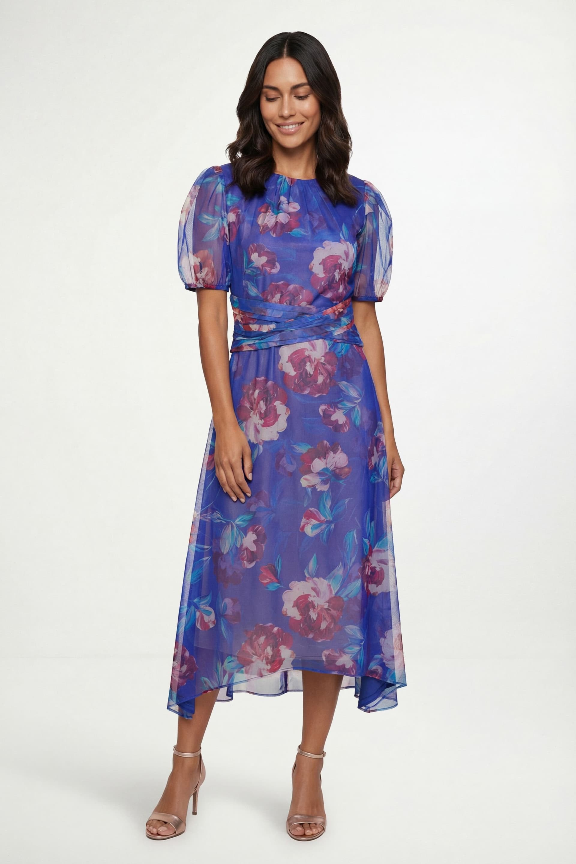 Wallis Wallis Women's Floral Mesh Pleated Midi Dress in Blue