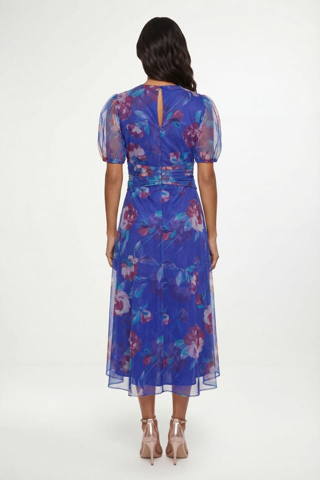 Wallis Wallis Women's Floral Mesh Pleated Midi Dress in Blue - 2