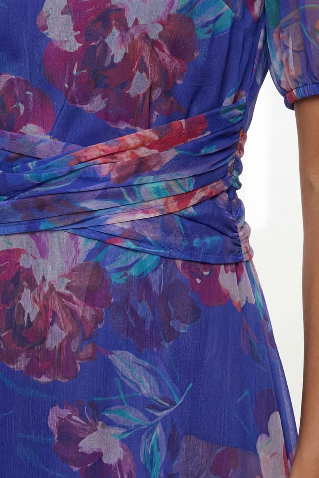 Wallis Wallis Women's Floral Mesh Pleated Midi Dress in Blue - 3