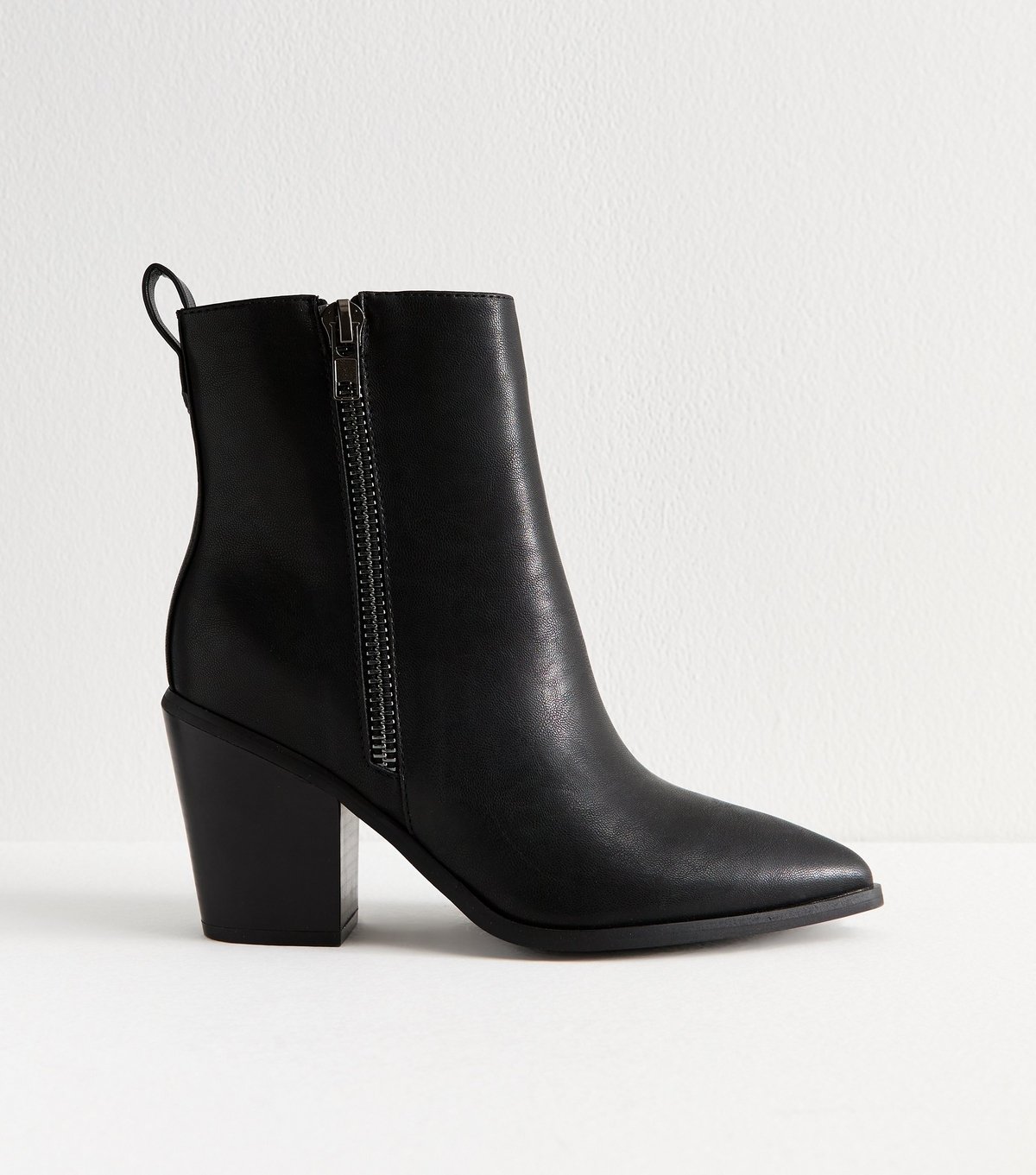 New Look Women's Wide Fit Black Faux Leather Side Zip Heeled Ankle Boots Vegan New Look - 1