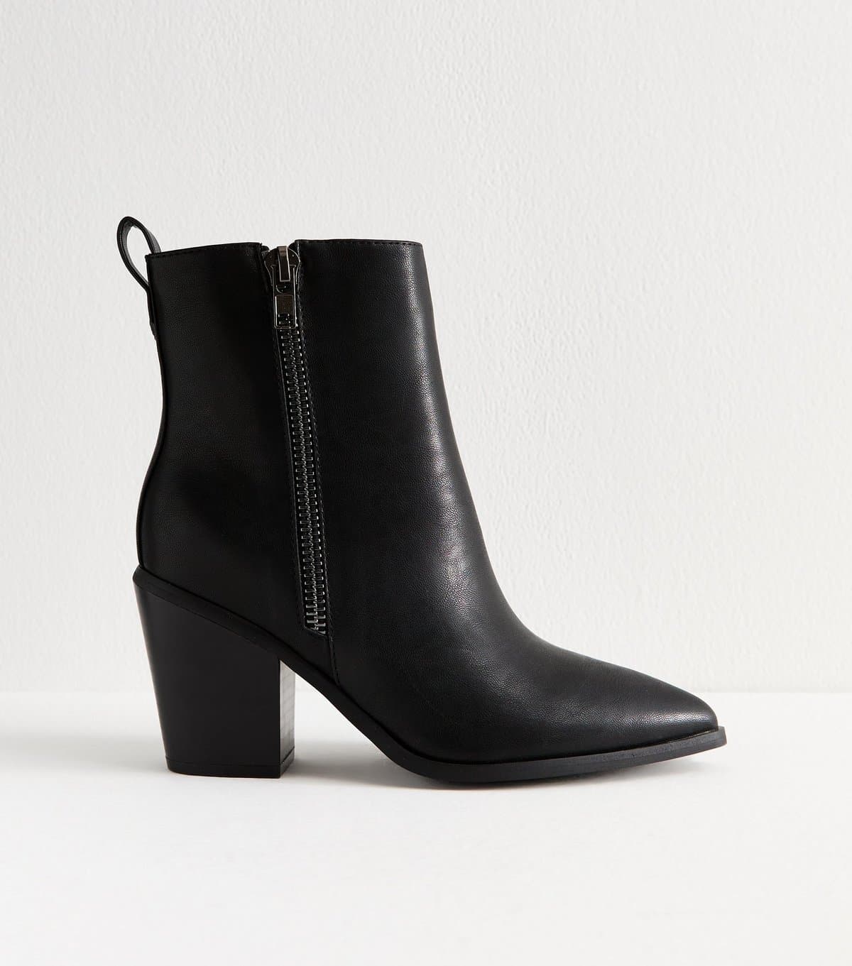 New Look Women's Wide Fit Black Faux Leather Side Zip Heeled Ankle Boots Vegan New Look