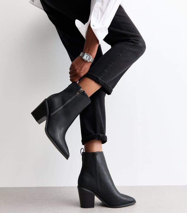New Look Women's Wide Fit Black Faux Leather Side Zip Heeled Ankle Boots Vegan New Look - 2