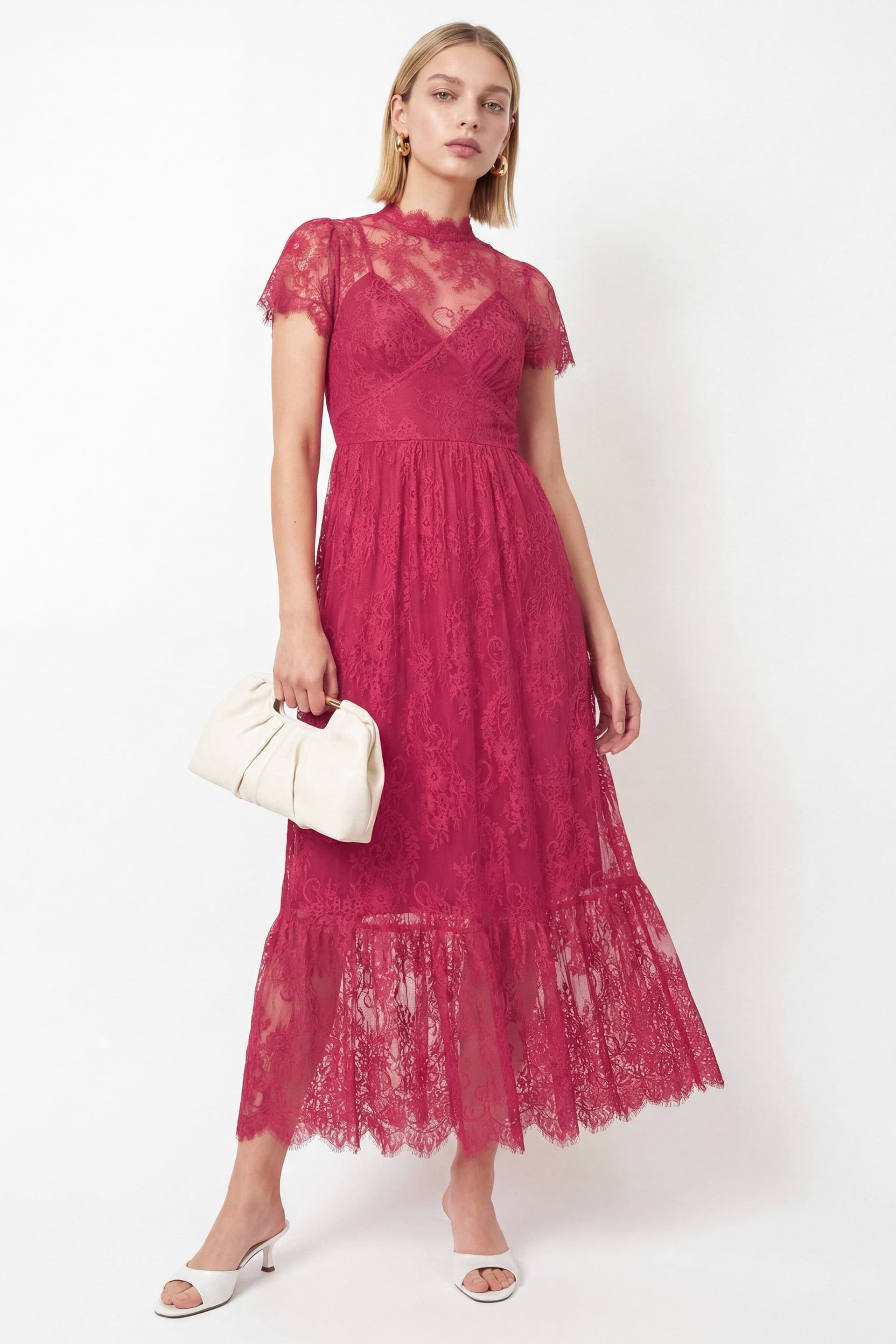 Lovedrobe Lovedrobe Women's Lace Midaxi Dress in Bright Pink