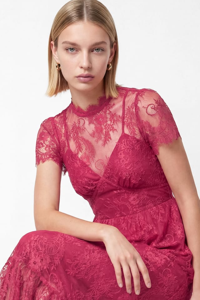 Lovedrobe Lovedrobe Women's Lace Midaxi Dress in Bright Pink - 3